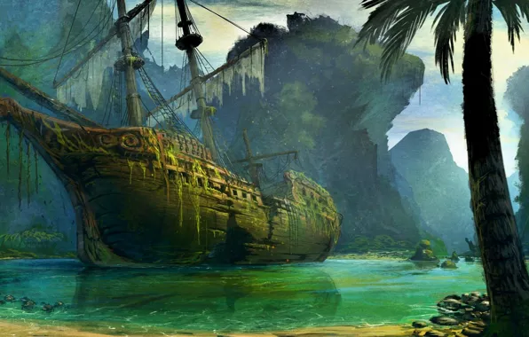 Картинка водоросли, пальма, корабль, бухта, заброшенный, кораблекрушение, таинственный, мачты