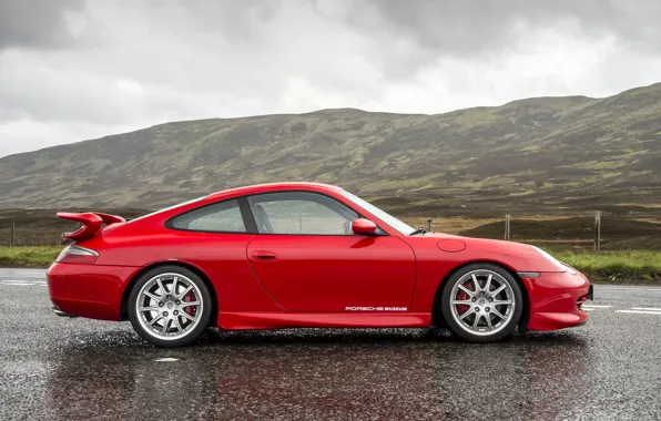 Дорога, Холмы, Red, вид сбоку, Sportcar, Porsche 996 GT3