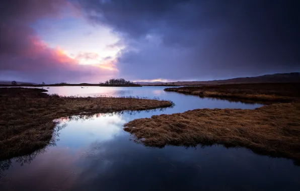 Картинка озеро, восход, утро, Шотландия, Великобритания, Scotland, Great Britain, островки