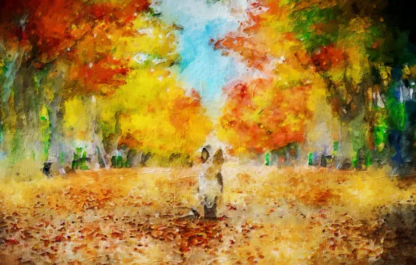 Осень, природа, собака, живопись, цифровая живопись, ИИ-арт, нейросеть, искусство искусственного интеллекта