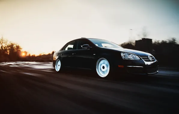 Картинка дорога, скорость, Volkswagen, черная, black, фольксваген, stance, jetta