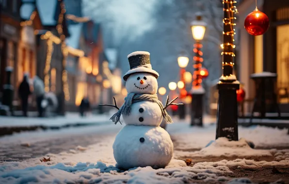 Снеговик, Новый Год, street, snow, зима, lantern, New Year, Christmas