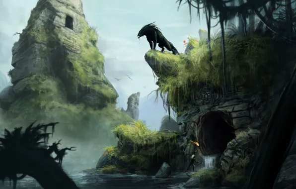 Картинка трава, вода, пруд, скалы, человек, монстр, арт, пещера