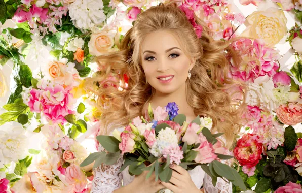 Цветы, улыбка, букет, макияж, платье, прическа, блондинка, в белом