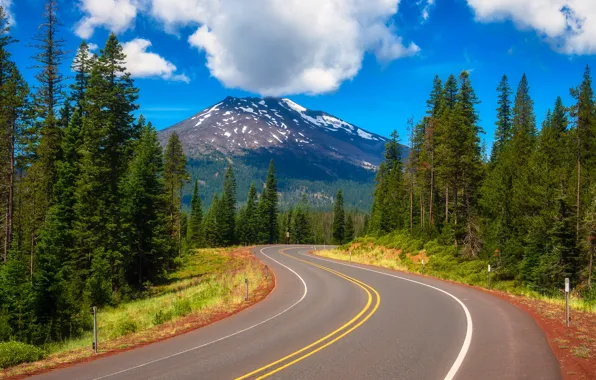 Дорога, деревья, гора, Орегон, Oregon, Каскадные горы, стратовулкан, Cascade Range