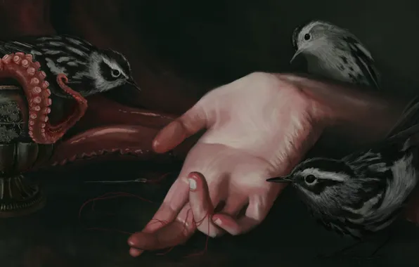 Птицы, игла, рука, щупальцы, красная нитка