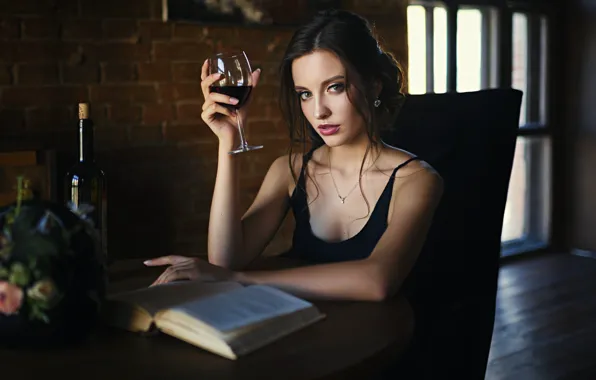 Взгляд, девушка, вино, бокал, бутылка, декольте, книга, Sergey Fat