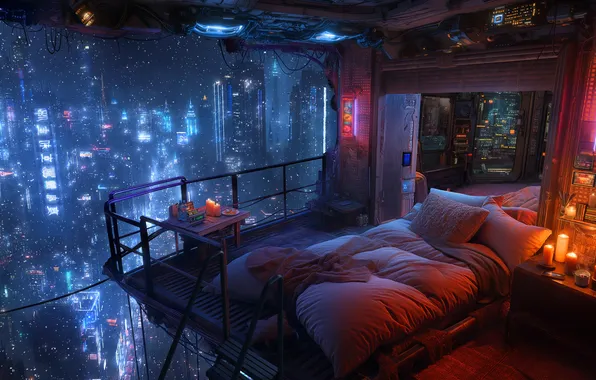City, lights, night, view, sofa, cyberpank