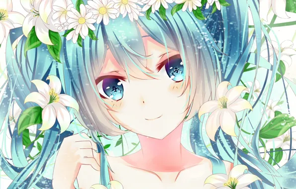 Картинка девушка, цветы, улыбка, ромашки, аниме, арт, vocaloid, hatsune miku