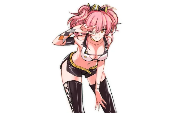 Girl, sexy, cleavage, shorts, blouse, thighhighs, pink hair, boobs