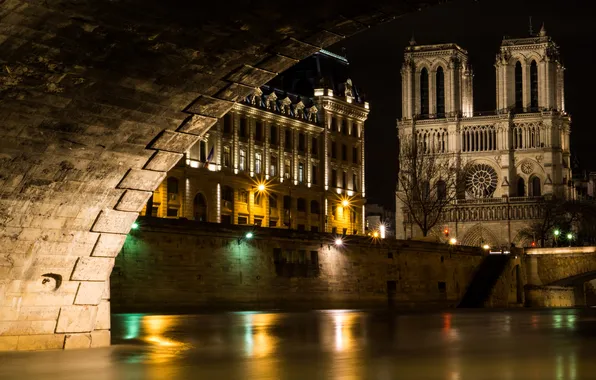 Картинка ночь, огни, Франция, канал, арка, храм, Собор Парижской Богоматери, Notre Dame