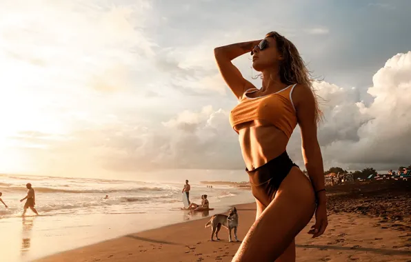 Girl, sexy, beach, panties, legs, sea, boobs, sunset