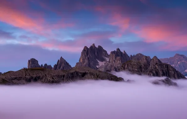 Облака, горы, туман, скалы, Италия, пики, Доломитовые Альпы