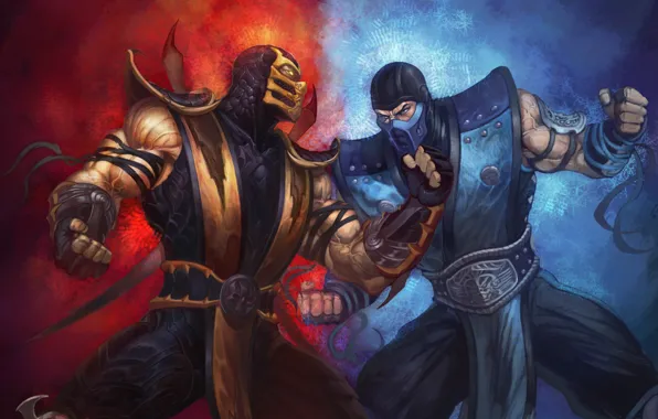 Картинка скорпион, fire, столкновение, ice, ненависть, ниндзя, кулаки, Mortal Kombat