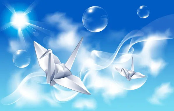 Небо, лучи, птицы, отражение, пузыри, креатив, оригами