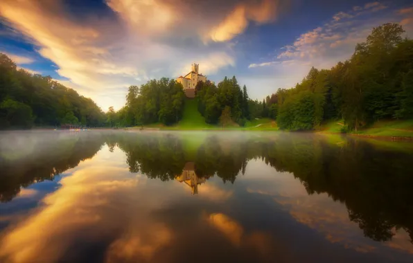 Картинка пейзаж, закат, природа, туман, озеро, отражение, замок, рассвет