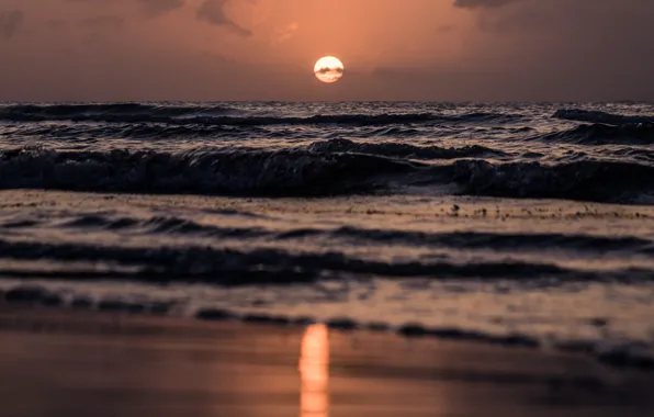 Waves, beach, sea, sunset, sun