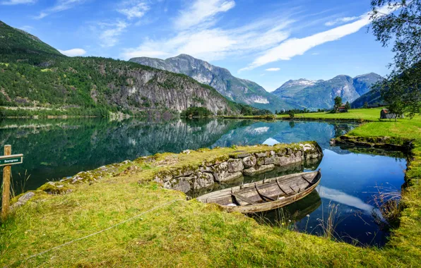 Картинка вода, горы, лодка, Норвегия, Norway, фьорд, Согн-ог-Фьюране, Стрюн