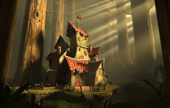 Лес, лучи, стволы, домик, A small hut in the big forest