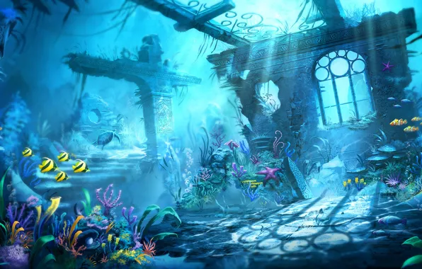 Картинка рыбки, черепаха, руины, подводный мир, под водой, Trine 2