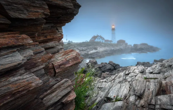Lighthouse, Foggy sunrise, Portland Head