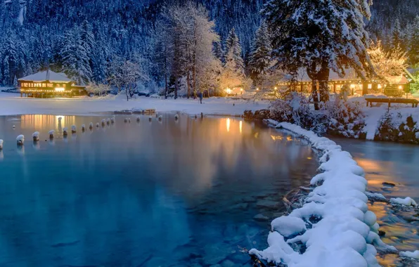 Картинка зима, снег, деревья, озеро, дома, вечер, ели, освещение