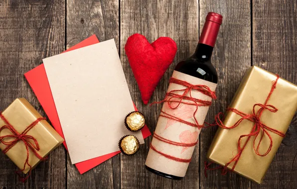 Любовь, подарок, вино, сердце, бутылка, сердечки, red, love