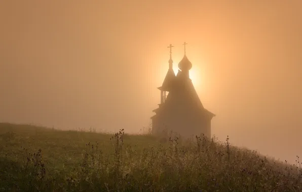 Поле, туман, силуэт, луг, церковь