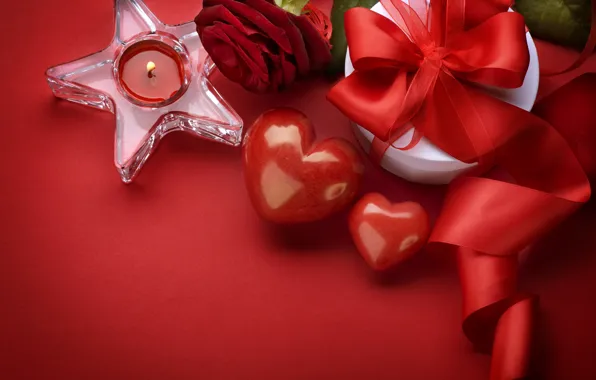 Подарок, роза, сердца, сердечки, день влюбленных, день святого валентина, свечка, valentines day