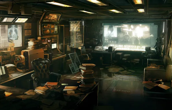 Картинка стол, книги, кресло, офис, монитор, Deus Ex 3, бумаги, обстановка