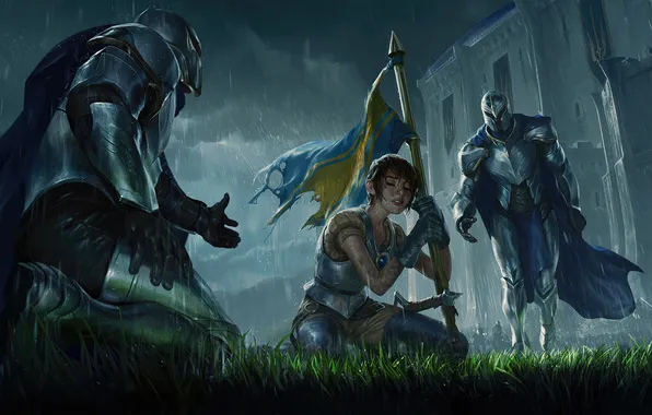 Девушка, дождь, флаг, броня, League of Legends, LOL, игровой арт, Legends of Runeterra