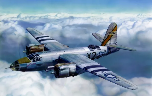 Картинка war, art, airplane, aviation, ww2, attacker, american bomber, B 26 Marauder