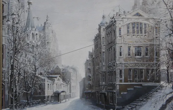 Картинка зима, город, здания, дома, картина, Александр Стародубов
