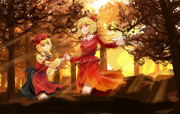 Картинка лес, деревья, две девушки, touhou, aki shizuha, aki minoriko