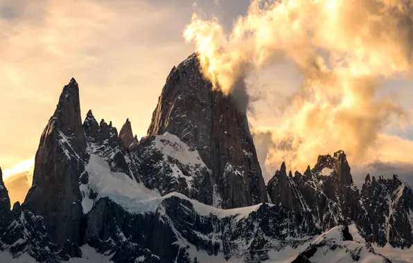 Картинка зима, небо, облака, снег, природа, скалы, Чили, Аргентина