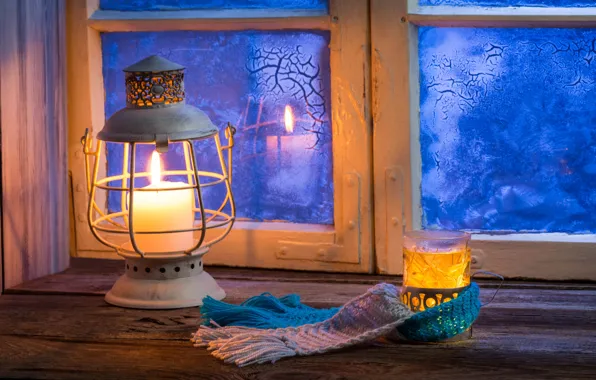 Зима, стакан, уют, отражение, тепло, узоры, лампа, свеча