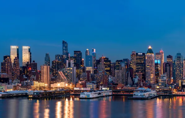 Картинка city, lights, USA, night, New York, reflection, skyscrapers