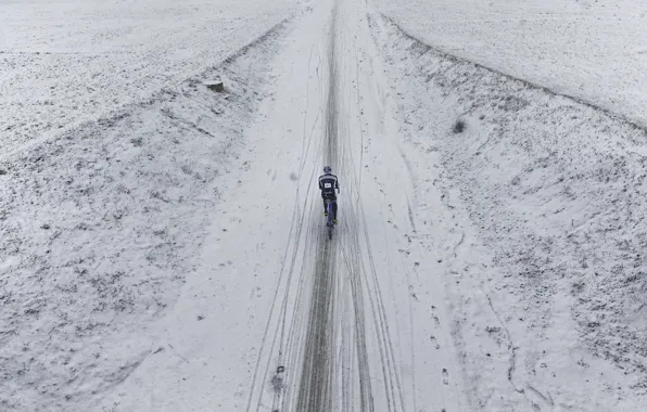 Картинка дорога, снег, велосипед