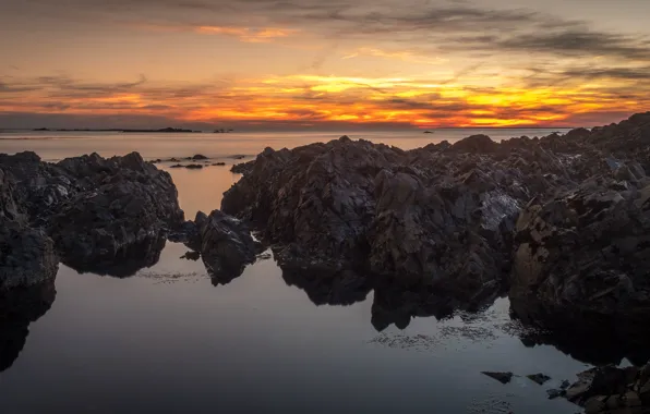 Море, облака, пейзаж, закат, природа, отражение, камни, скалы
