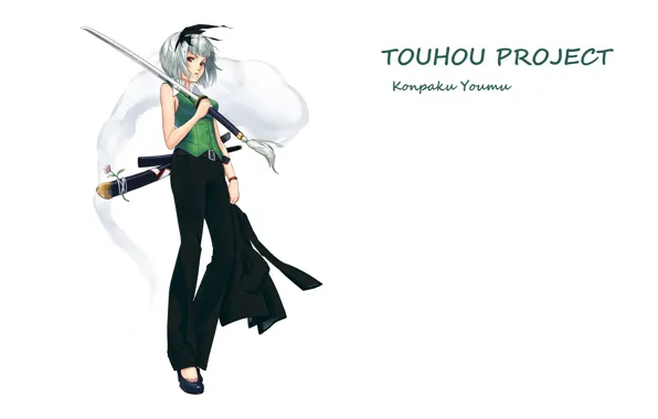 Катана, белый фон, touhou, art, Myon, Konpaku Youmu, Touhou Project, Проект Восток