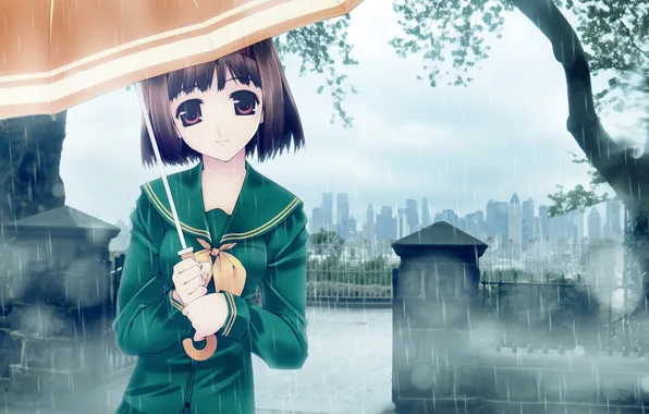 Картинка деревья, город, зонтик, дождь, аниме, девочка