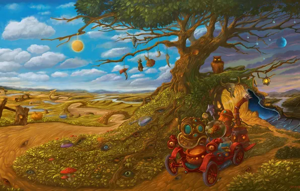 Картинка машина, глаза, корни, дерево, сова, скафандр, осьминог, Sabin Boykinov