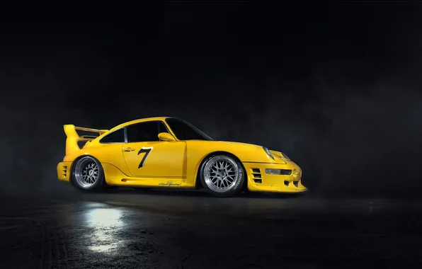 Жёлтый, фон, чёрный, 911, Porsche, тёмный