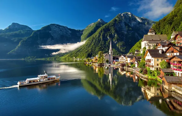 Облака, горы, город, озеро, отражение, корабль, дома, Австрия