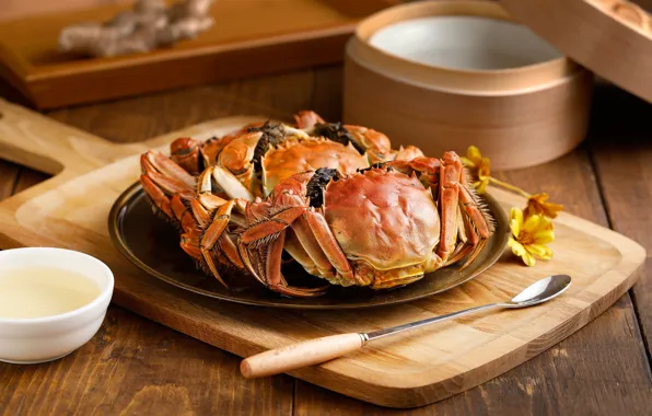 Цветы, краб, соус, морепродукт