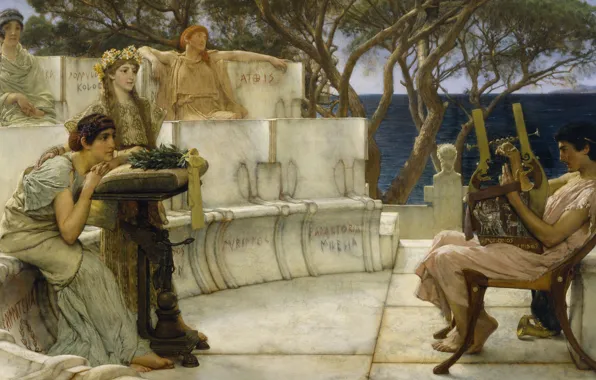 Картинка музыка, картина, мифология, Lawrence Alma-Tadema, Лоуренс Альма-Тадема, Сафо и Алкей