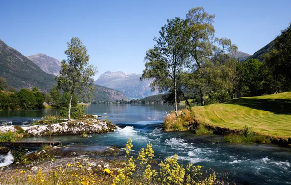Картинка деревья, горы, озеро, Норвегия, Norway, Стрюн, Nordfjord, Stryn