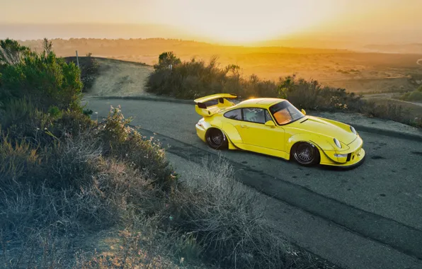 Картинка Porsche, Yellow, 964, Turbo, Road, RWB