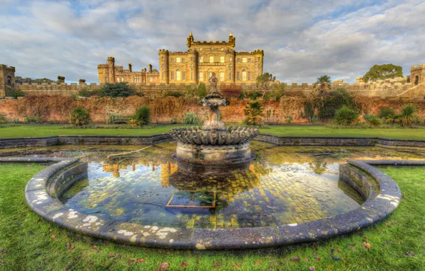 Дизайн, замок, газон, стены, Шотландия, фонтан, скамейки, Culzean Castle