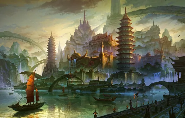Картинка азия, горы, арт, пристань, город, море, башня, здания